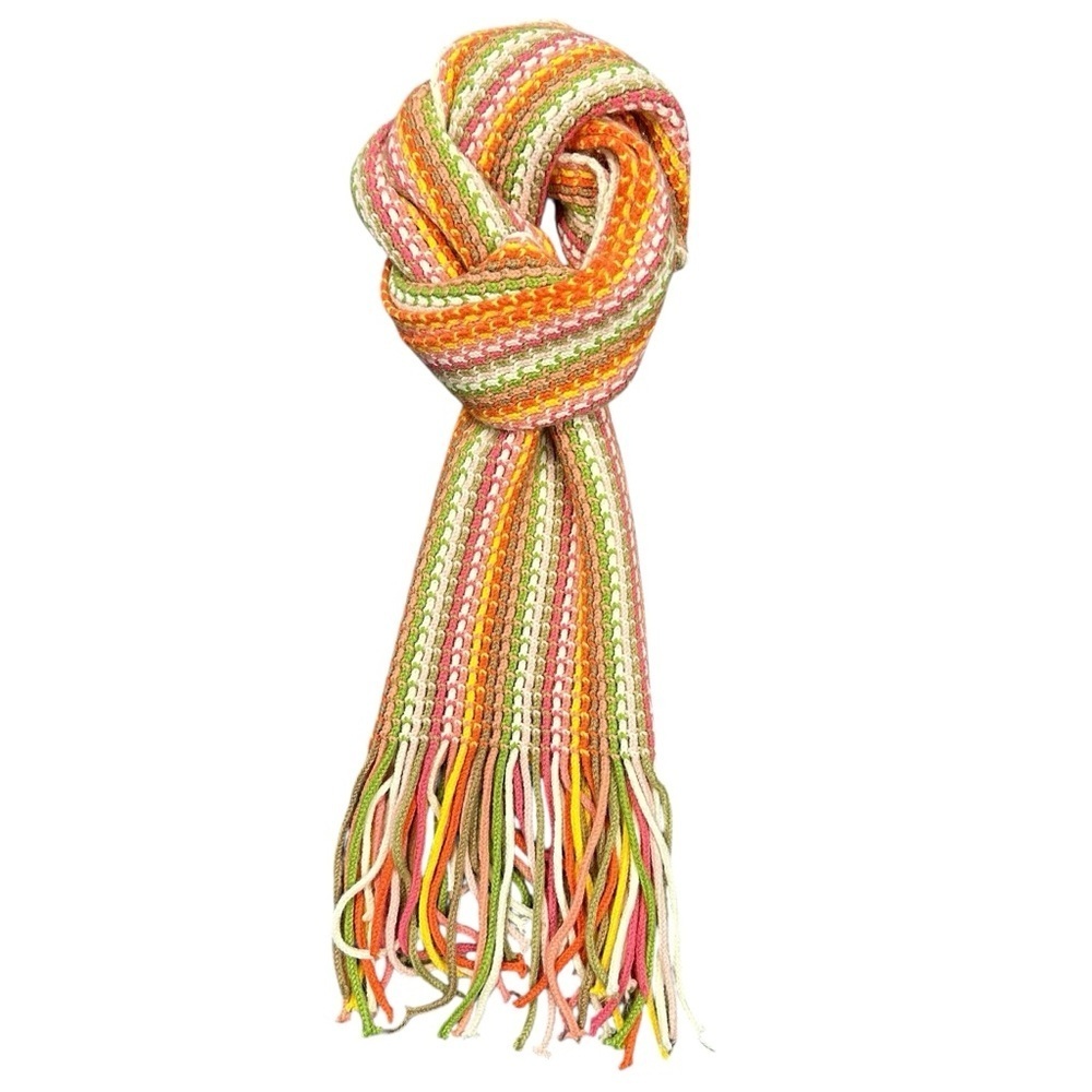 Multicolor pink green orange knitted spring pastel scarf with fringe